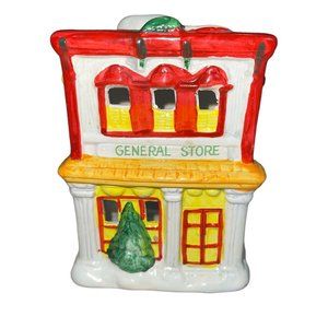 Vintage JSNY Holiday Village Hand Painted "General Store" Ceramic Candle Holder